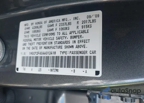 2010 Honda Accord 2.4 Lx-P from USA, damaged, VIN 1HGCP2F40AA012418